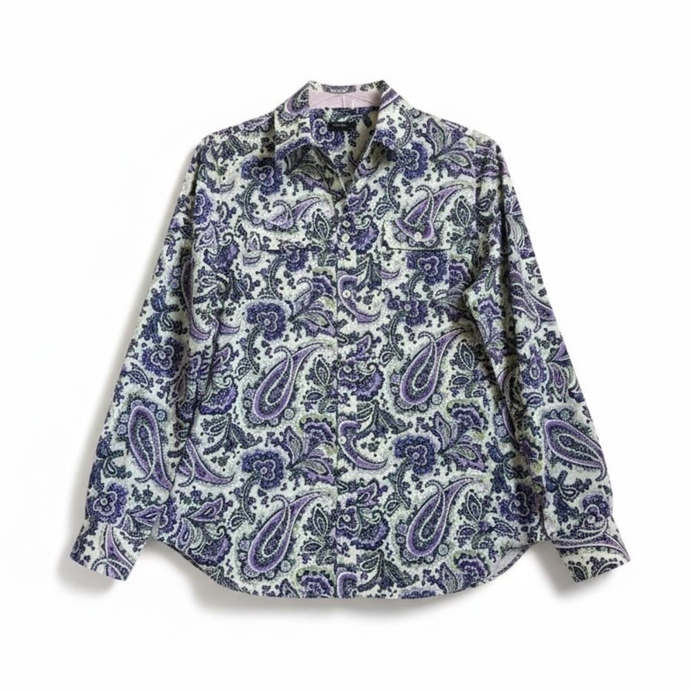 Talbots Shirt 12P Paisley Purple Roll Tab Sleeve Cottage Granny Modest Retro
